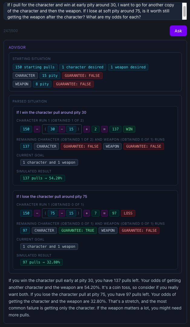 Gacha Pull Planner simulated odds for two branching hypothetical outcomes